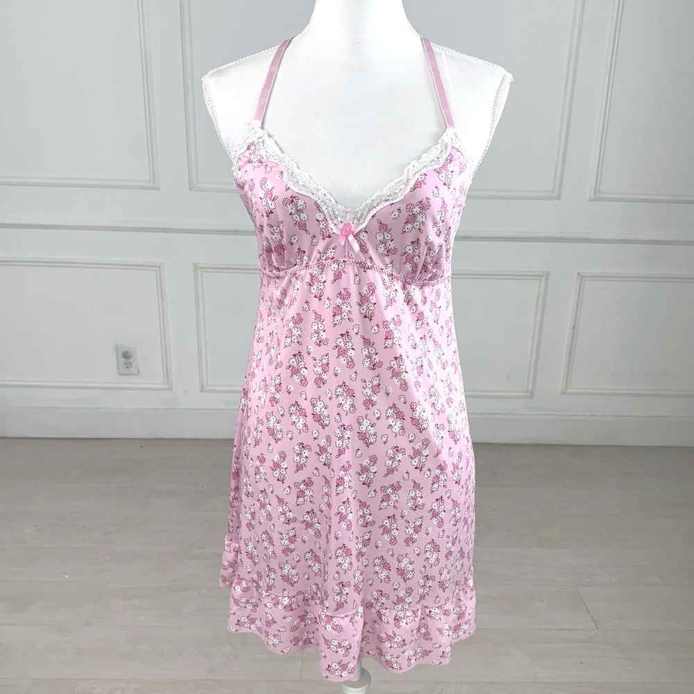 Laura Ashley Chemise Nightgown Women Large Pink Floral Lace Racerback Coquette
